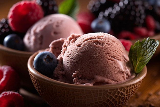 Eine Schüssel Eis mit Blaubeeren im Hintergrund