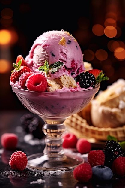 Eine Schüssel Eis mit Himbeeren und Brombeeren darauf