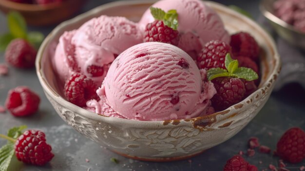 Eine Schüssel Eis mit Himbeeren