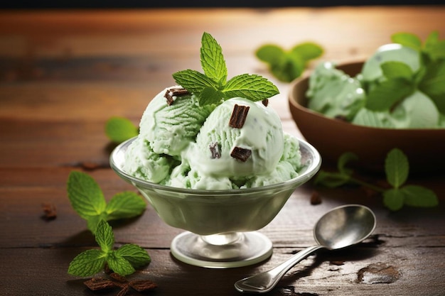 Eine Schüssel Eis mit Minzblättern auf einem Holztisch.