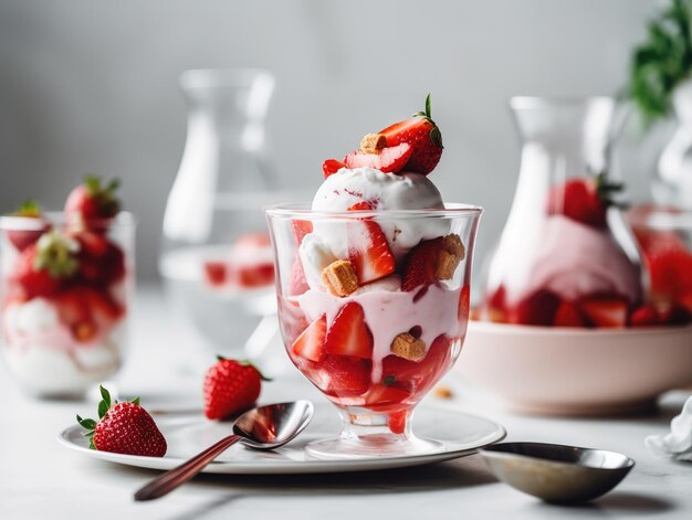 Eine Schüssel Erdbeereis mit Erdbeeren und Sahne obendrauf.