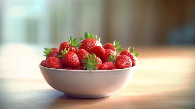 Eine Schüssel Erdbeeren auf einem Holztisch