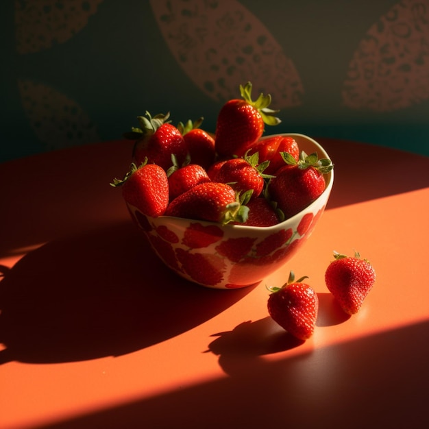 Eine Schüssel Erdbeeren auf einem Tisch mit einem weißen Tuch