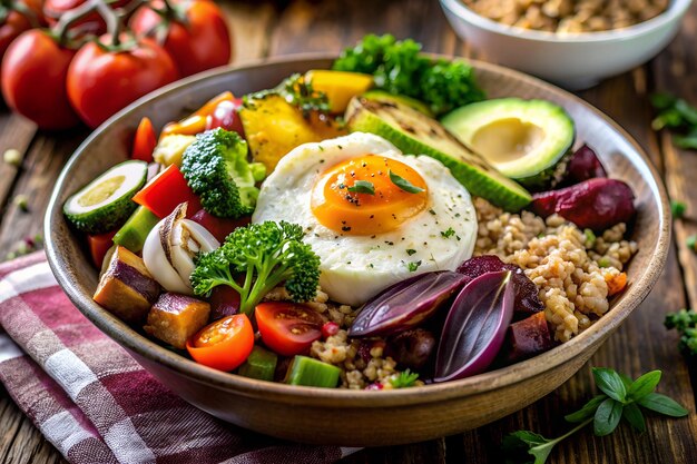 Foto eine schüssel essen mit einem gebratenen ei und gemüse