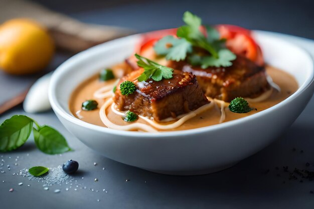 eine Schüssel Essen mit einer weißen Schüssel Suppe mit einem grünen Blatt an der Seite.