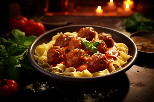 Foto eine schüssel fettuccine-pasta mit tomatensauce und fleischballen, garniert mit basilikum und parmesankäse