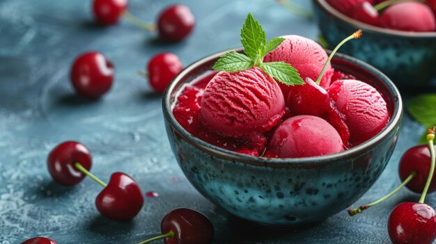 Eine Schüssel frischer Kirschsorbet mit ganzen Kirschen und Minze