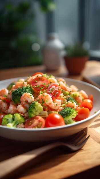 Eine Schüssel Garnelen-Brokkoli-Salat mit Tomaten als Beilage.