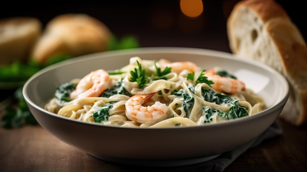 Eine Schüssel Garnelennudeln mit Spinat und Knoblauch im Hintergrund