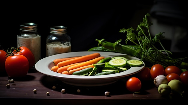 Eine Schüssel Gemüse auf einem Tisch mit einem Glas Salz