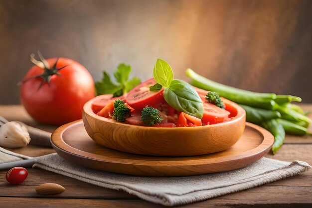 Foto eine schüssel gemüse mit tomaten und brokkoli auf einem holztisch.