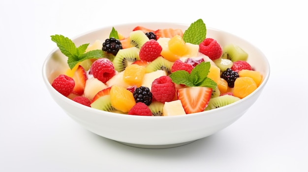 Eine Schüssel gesunder frischer Fruchtsalat auf weißem Hintergrund
