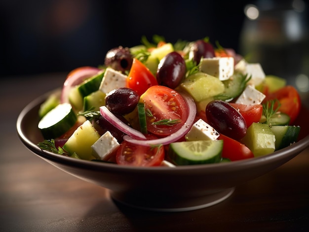 Eine Schüssel griechischer Salat mit Feta-Käse und Gurke