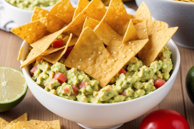 Eine Schüssel Guacamole mit Tortillachips als Beilage.