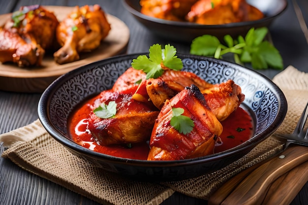 Eine Schüssel Hähnchen mit roter Soße auf einem Holztisch