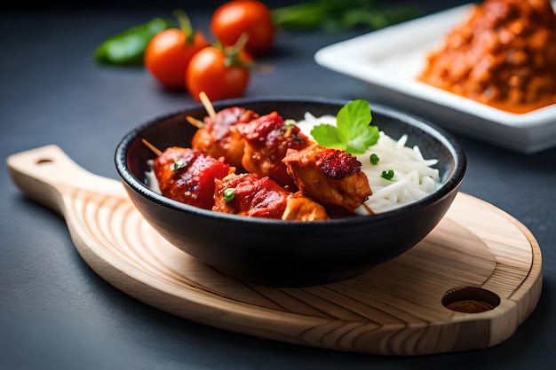 Eine Schüssel Hähnchen-Saté mit Reis auf einem Holzbrett