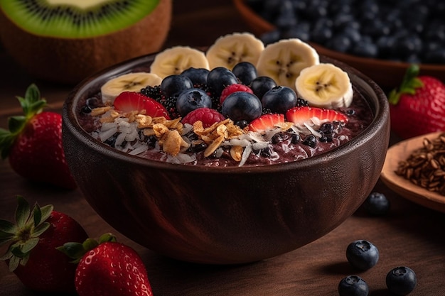 Eine Schüssel Haferflocken mit Obst und Müsli darauf