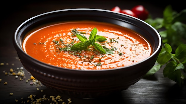 Eine Schüssel heiße Tomatensuppe mit ein bisschen Kräutern