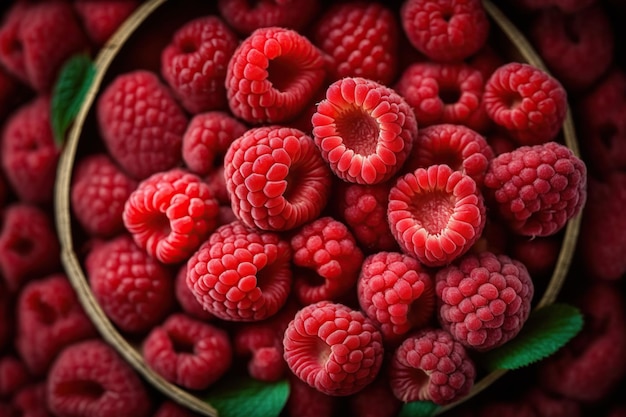 Eine Schüssel Himbeeren mit einem grünen Blatt oben drauf.