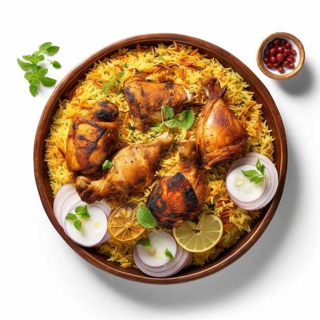 Eine Schüssel Hühnchen-Biryani mit Reis und Gewürzen auf weißem Hintergrund.