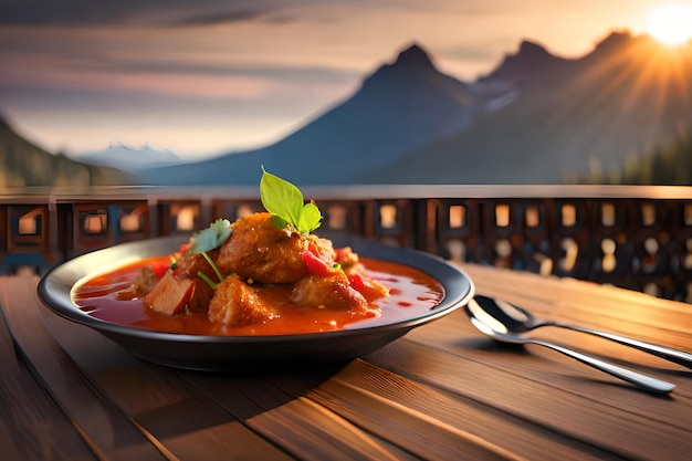 Eine Schüssel Hühnercurry mit Bergen im Hintergrund