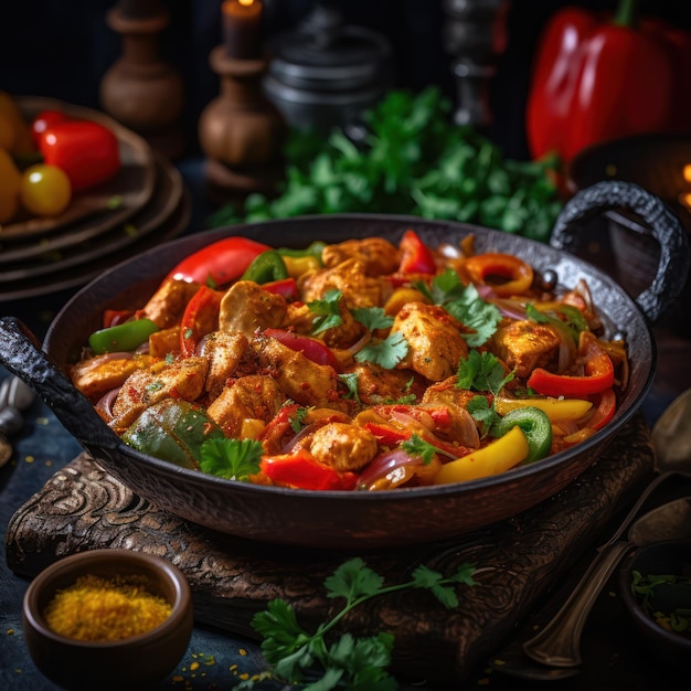 Eine Schüssel Hühnercurry mit gelbem Curry und Gewürzen auf einem Tisch.