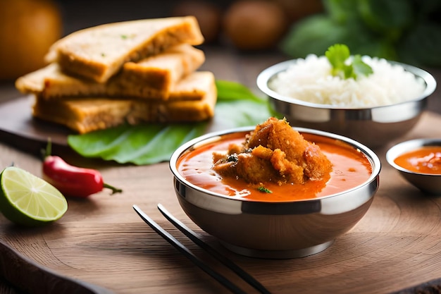 Eine Schüssel Hühnercurry mit Reis und Gemüse auf einem Holztisch.