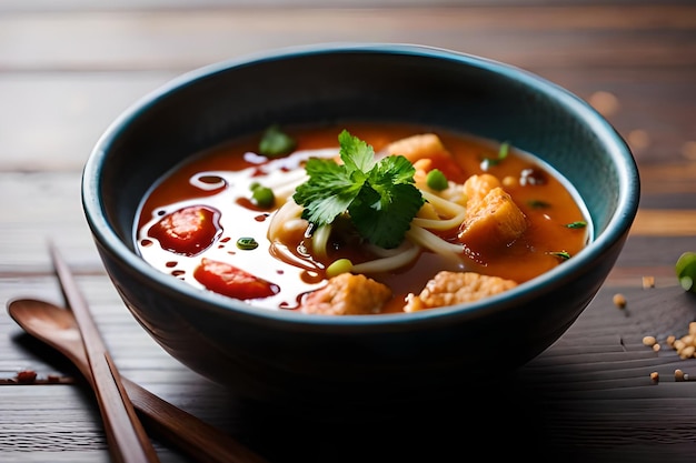 Eine Schüssel Hühnernudelsuppe mit einem Löffel auf einem Holztisch.