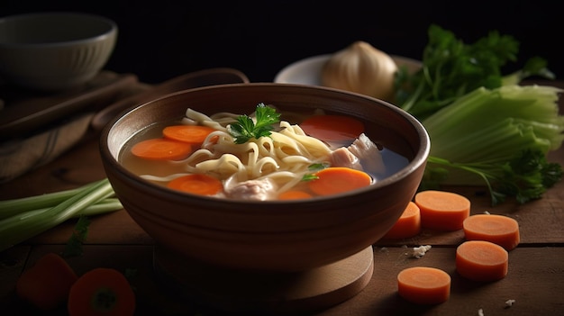 Eine Schüssel Hühnernudelsuppe mit Karotten und Petersilie obendrauf