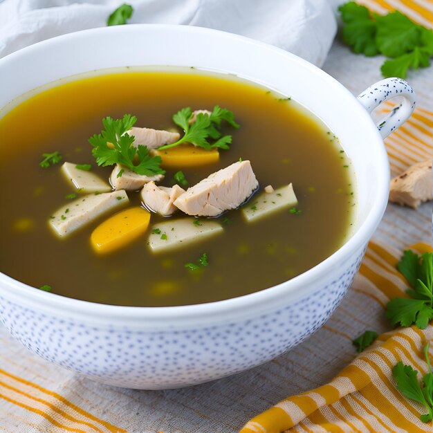 Eine Schüssel Hühnersuppe mit einem Stück Karotte darauf.