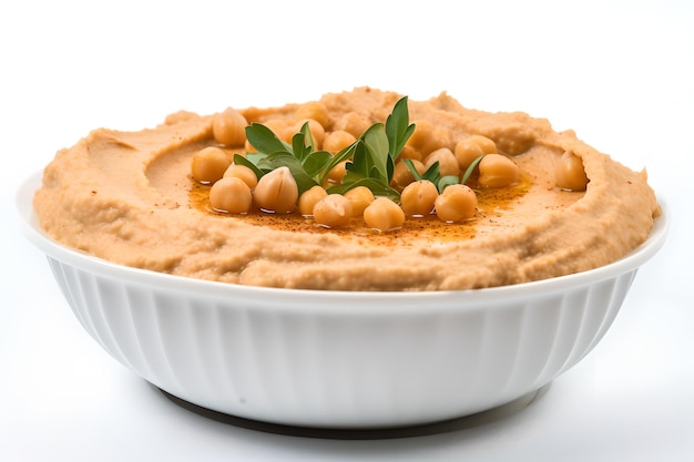 Eine Schüssel Hummus mit einer roten Soße und Petersilienblättern obendrauf.