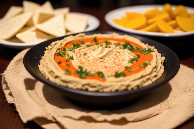 Eine Schüssel Hummus mit einer Schüssel Käse und einer Schüssel Petersilie als Beilage.