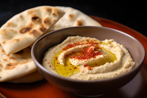 Eine Schüssel Hummus mit rotem Paprika darauf