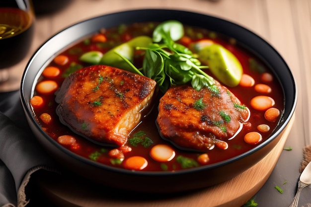 Eine Schüssel italienisches Ossobuco mit Fleisch und Basilikumblättern darauf