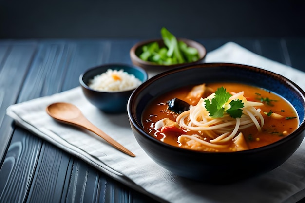 Eine Schüssel japanische Nudelsuppe mit einer Schüssel Reis und grünen Bohnen.