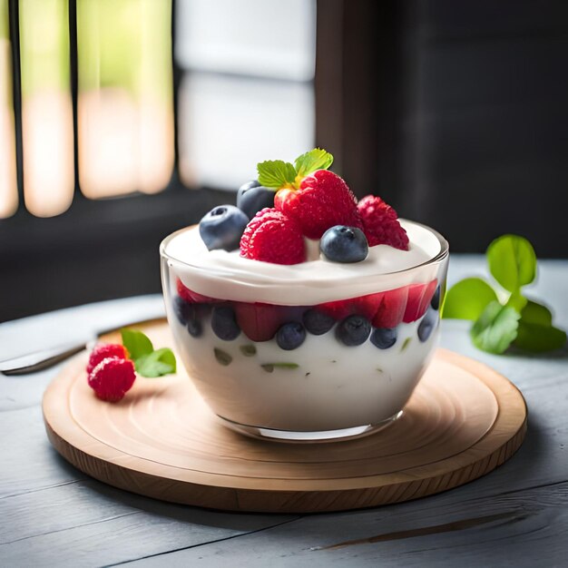 Eine Schüssel Joghurt mit Beeren und eine Gabel auf einem Holztisch.