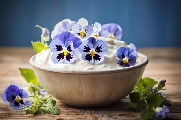 Eine Schüssel Joghurt mit essbaren Blumen für einen eleganten Touch