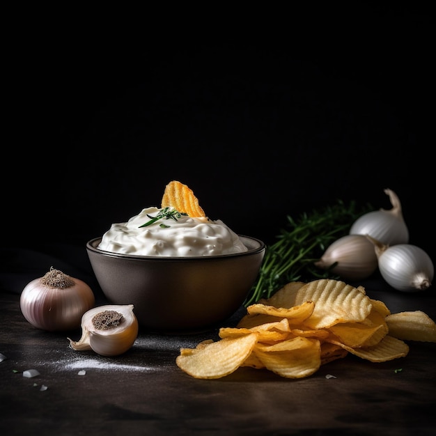 Eine Schüssel Kartoffelchips und eine Schüssel Kartoffelchips mit einem grünen Blatt an der Seite.