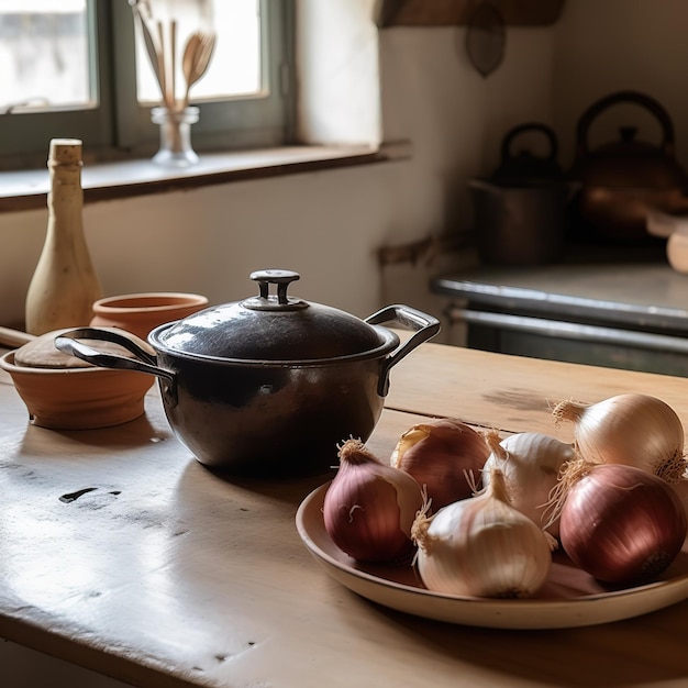 Foto eine schüssel knoblauch steht auf einem holztisch neben einer schüssel knoblauch.