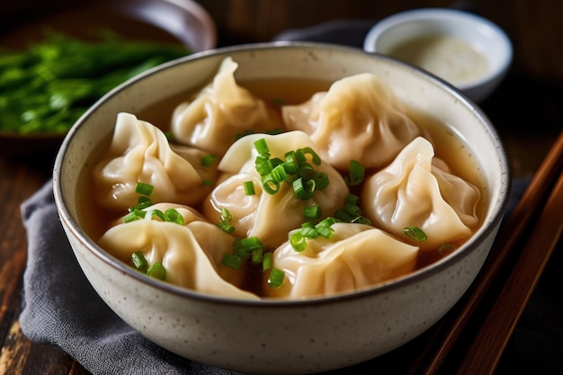 Eine Schüssel Knödel mit grünen Zwiebeln und einer weißen Soße