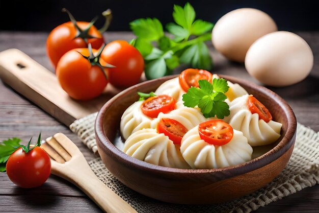 Eine Schüssel Knödel mit Tomaten und Zwiebeln auf einem Holztisch.