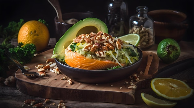 Eine Schüssel Lachs mit Avocado und Walnüssen auf einem Schneidebrett