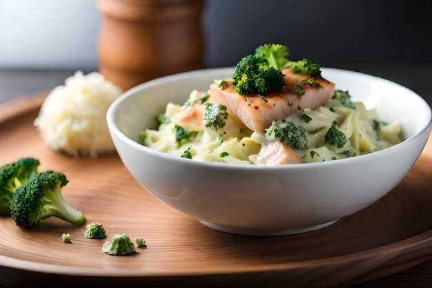 Eine Schüssel Lachs mit Brokkoli und Reis auf einem Holztisch.