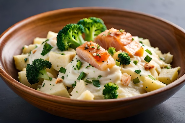 Eine Schüssel Lachs und Brokkoli mit einer cremigen Sauce.