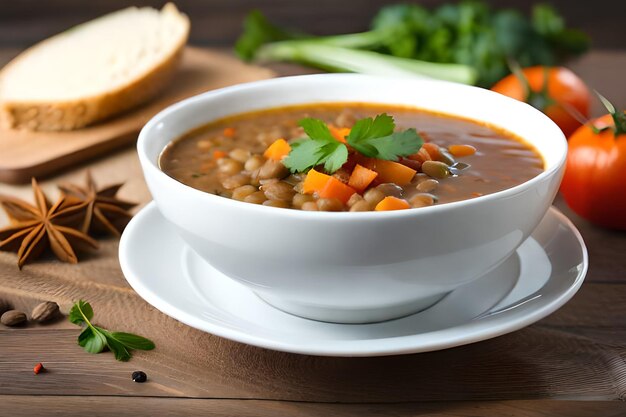 Eine Schüssel Linsensuppe mit Karotten und Sellerie als Beilage.