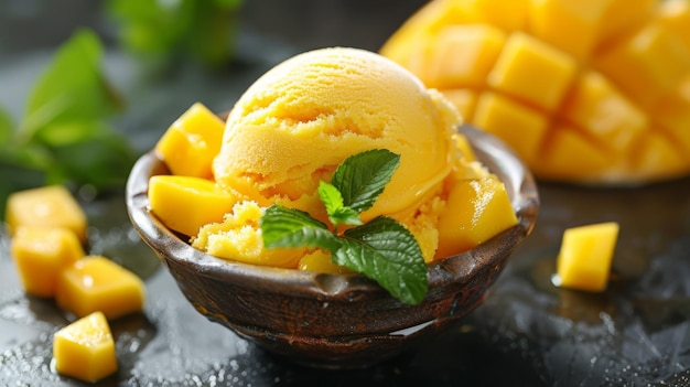 Eine Schüssel Mango-Sorbett mit gestückelten Mango-Stücken