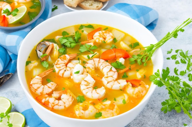 Eine Schüssel Meeresfrüchtesuppe mit einer blauen Serviette daneben