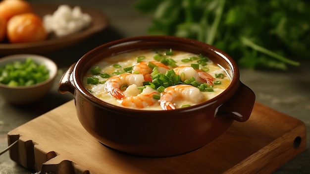 Eine Schüssel Meeresfrüchtesuppe mit Garnelen und Zwiebeln