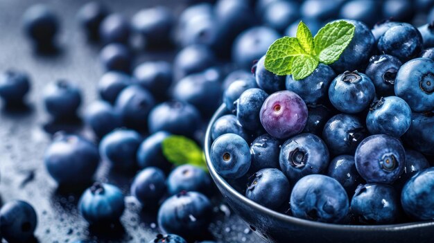 Eine Schüssel mit Blaubeeren mit grünen Blättern, frischen und bunten Früchten