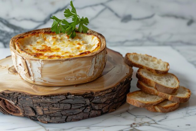 eine Schüssel mit einem Stück Brot sitzt auf einer Holzplatte